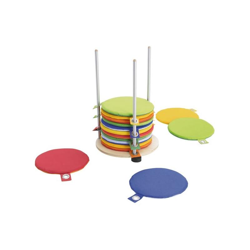 Colorful children's play cushions and Haba Pro Seat Cushion Carousel on a white background