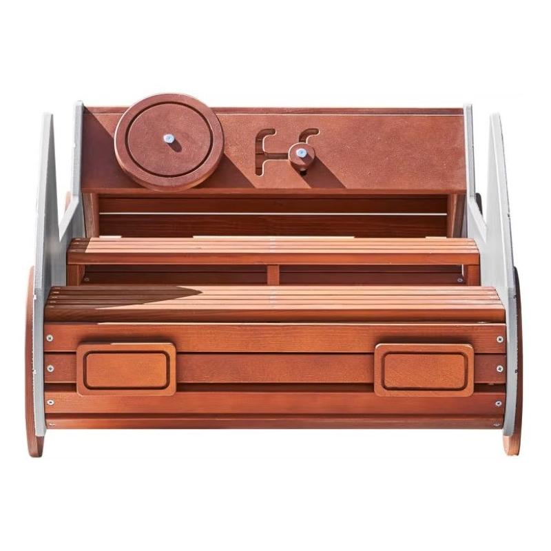 Inside view of the Haba Pro Speedy Wooden Indoor/Outdoor Play Car with steering wheel and wooden seating details