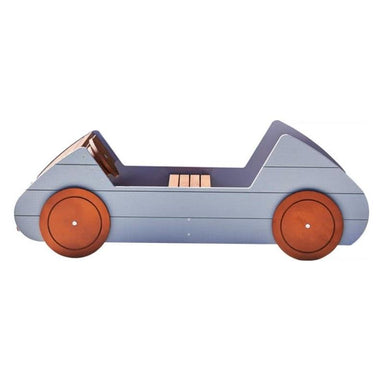Side view of the Haba Pro Speedy Wooden Indoor/Outdoor Play Car with blue color and wooden wheels