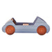 Side view of the Haba Pro Speedy Wooden Indoor/Outdoor Play Car with blue color and wooden wheels