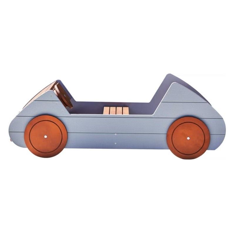 Side view of the Haba Pro Speedy Wooden Indoor/Outdoor Play Car with blue color and wooden wheels
