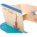 Children's wooden play boat with blue interior and accessories on a white background