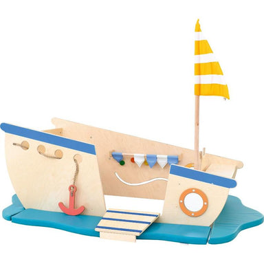 Full view of the Moje Bambino Pirate Ship Play Boat Climber with yellow flag