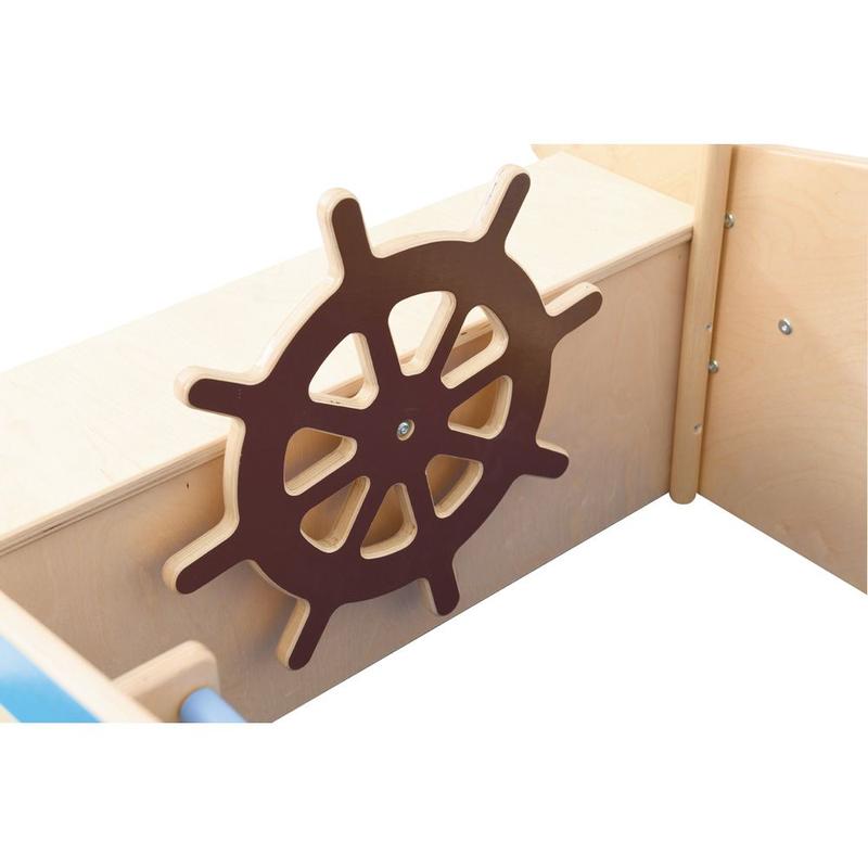Wooden toy ship with a brown steering wheel on a white background