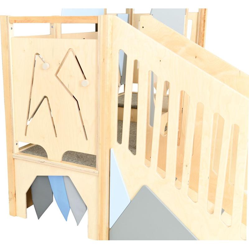 Detail view of the Moje Bambino Summit Toddler Play Loft stairs and cutout 