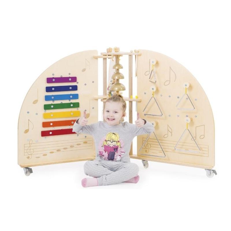 Child holding thumbs up in front of the Playscapes NOVUM Mini Music Island on white background