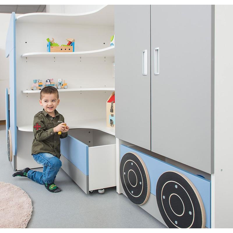 Child in front of the Playscapes NOVUM Truck Cabinet opening a drawer