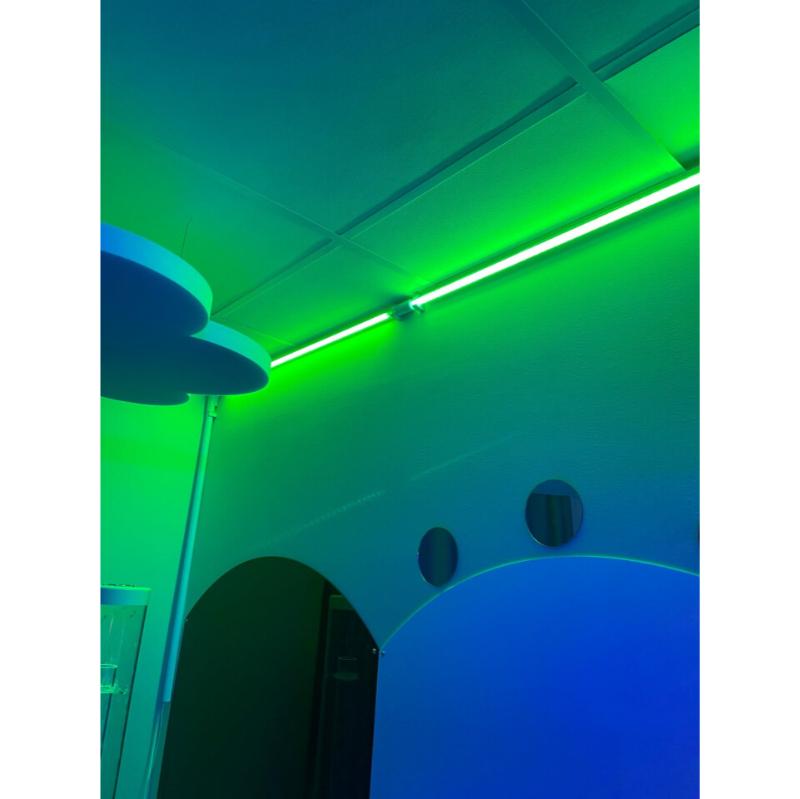 Neon green light strip TFH Genie Color Wash Kits on a ceiling with blue walls