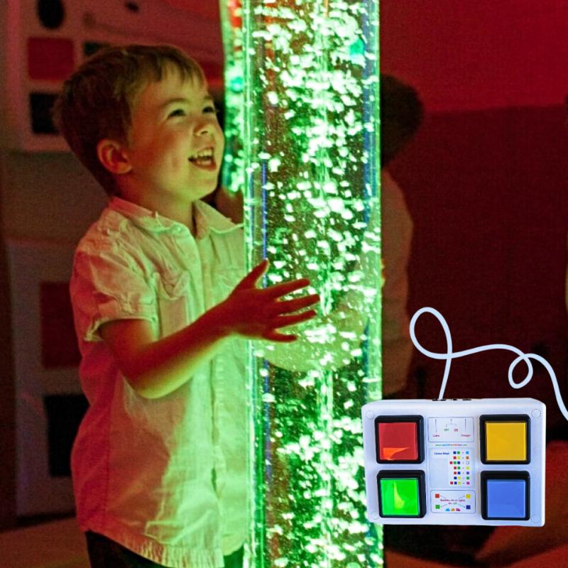 Boy playing with TFH Interactive Bubble Tubes with green lights and control  detail
