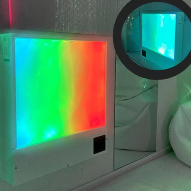 TFH Sound & Light Panel with multicolor setting and a closeup of the panel with blue color