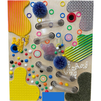 Colorful TFH Tactile Loopie Wall with various textured and shaped components including Loopies on a beige background
