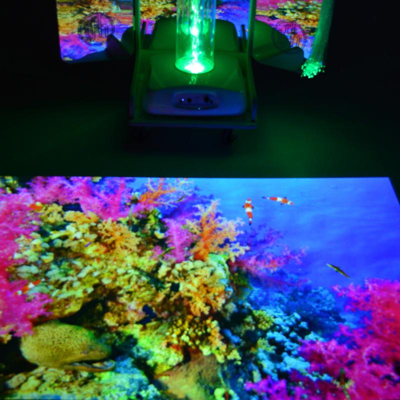 TFH Vecta Budii Mobile Sensory Station projecting an image of a vivid coral reef to a dark floor