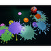 Colorful splashes on a black background with a small ball-like object.