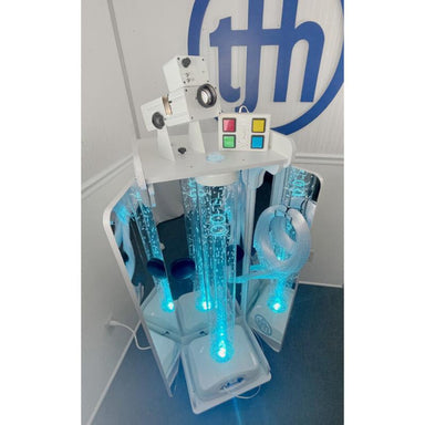 Full view of the TFH Vecta Delight Mobile Sensory Station with projector, hurricane tube and fiber optics in blue light