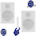 Two white TFH Vibroacoustic Amplifier Speakers on white background